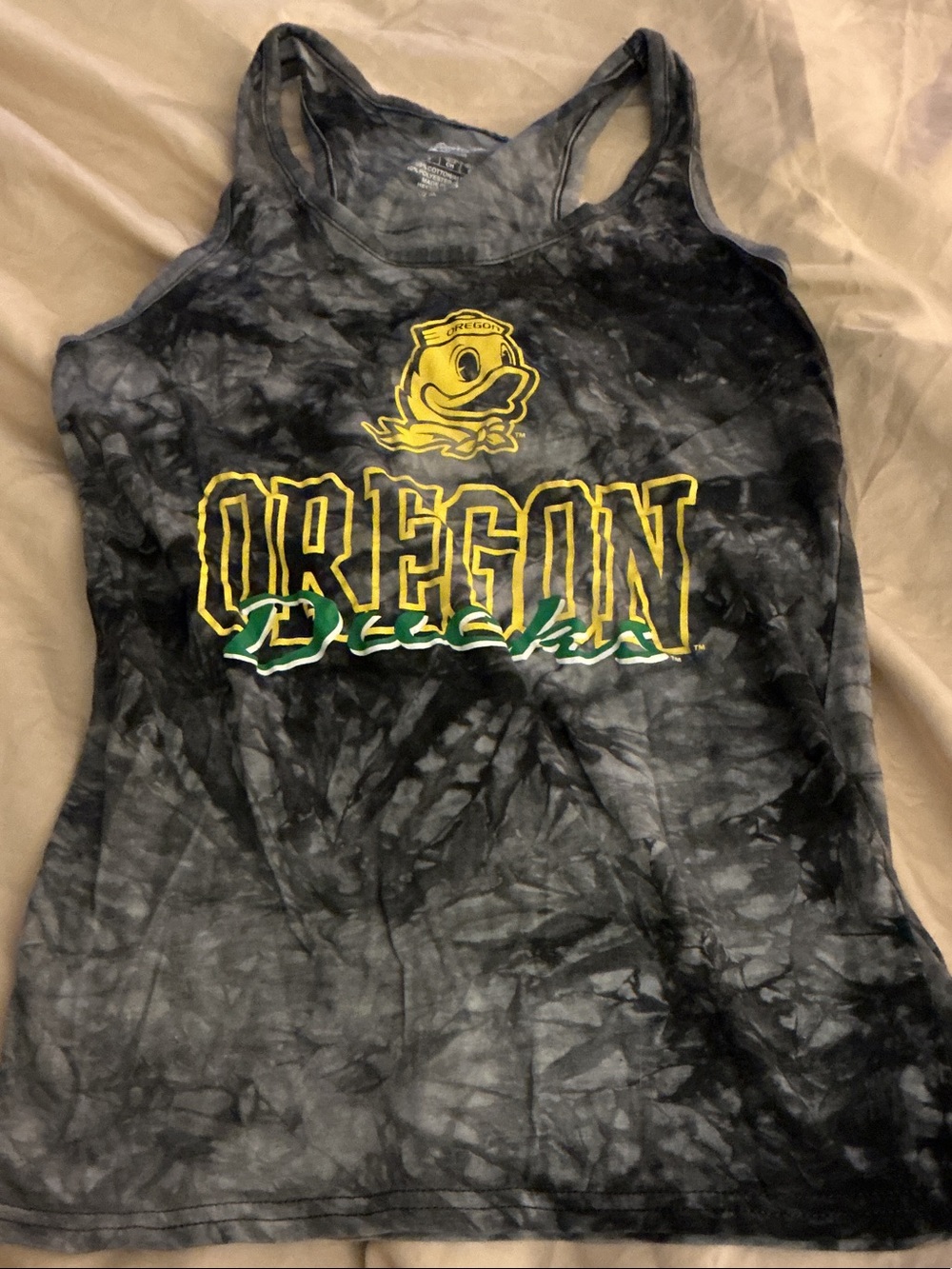 Oregon Ducks Tie-Dye Racerback Tank Top in Black with Yellow Logo